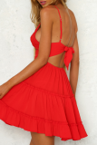 Elegant Solid Backless Strap Design V Neck A Line Dresses