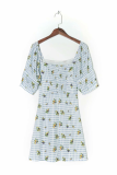 Fashion Elegant Plaid Floral Split Joint Square Collar A Line Dresses