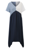 Casual Patchwork Fold Contrast V Neck Irregular Dress Dresses