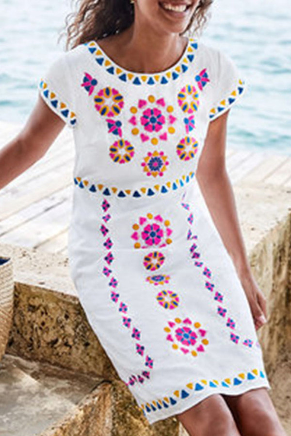 Fashion Vintage Print Split Joint O Neck A Line Dresses
