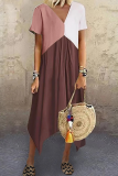 Casual Patchwork Fold Contrast V Neck Irregular Dress Dresses