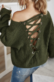 Casual Solid Hollowed Out Cross Straps O Neck Tops Sweater