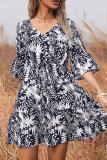 Sweet Print Bandage Buttons V Neck A Line Dresses