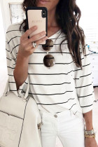 Fashion Sweet Striped Split Joint O Neck Tops
