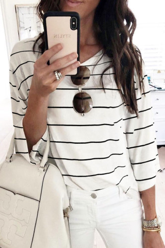 Fashion Sweet Striped Split Joint O Neck Tops