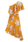 Fashion Street Print Split Joint One Shoulder Irregular Dresses