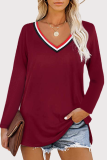 Casual Patchwork Slit Basic V Neck Tops