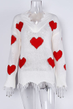 Casual Print Tassel Contrast V Neck Tops Sweater