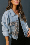 Fashion Street Leopard Split Joint Turndown Collar Denim