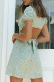 Sweet Print Backless Fold With Bow Square Collar Waist Skirt Dresses