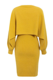 Elegant Solid Split Joint O Neck Long Sleeve Two Pieces