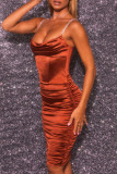 Fashion Street Solid Fold Spaghetti Strap Wrapped Skirt Dresses