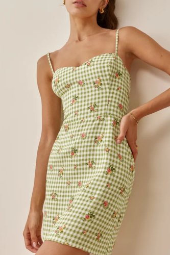 Fashion Sweet Plaid Floral Split Joint Strapless A Line Dresses