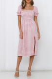 Elegant Plaid High Opening Fold Square Collar A Line Dresses
