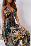 Fashion Sweet Print Split Joint V Neck A Line Dresses