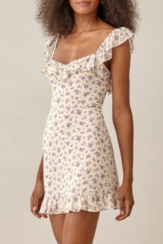 Fashion Sweet Floral Split Joint Flounce Square Collar Dresses