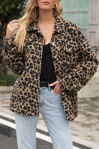 Fashion Leopard Pocket Buckle Turndown Collar Outerwear