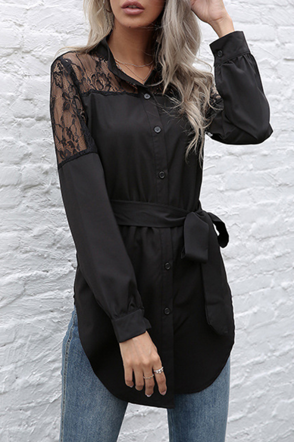 Elegant Patchwork Buckle With Belt O Neck Tops