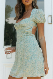 Sweet Print Backless Fold With Bow Square Collar Waist Skirt Dresses