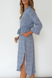 Casual Print Frenulum Buckle V Neck Irregular Dress Dresses