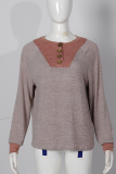 Casual Patchwork Buckle Contrast O Neck Tops