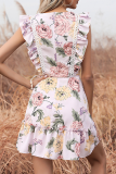 Fashion Elegant Floral Frenulum Flounce O Neck A Line Dresses