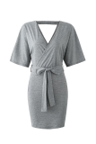 Fashion Elegant Solid Split Joint With Belt V Neck Wrapped Skirt Dresses