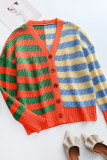 Casual Striped Buckle V Neck Tops Sweater