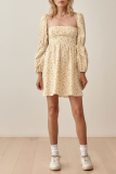 Fashion Sweet Floral Split Joint Square Collar Waist Skirt Dresses