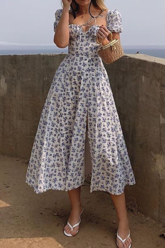 Sweet Floral Frenulum High Opening Square Collar A Line Dresses