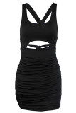 Sexy Solid Backless Cross Straps U Neck Wrapped Skirt Dresses