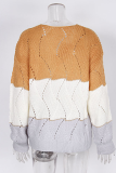 Casual Patchwork Hollowed Out Contrast V Neck Tops Sweater