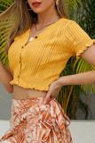 Fashion Street Solid Hollowed Out V Neck T-Shirts
