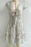 Casual Elegant Floral Flounce Strap Design V Neck Dresses