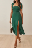 Elegant Solid Slit Strap Design Waist Skirt Dresses