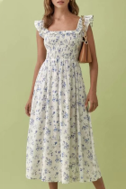Fashion Elegant Floral Split Joint Flounce Square Collar Waist Skirt Dresses