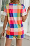 Fashion Casual Plaid Split Joint O Neck Short Sleeve Two Pieces