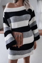 Fashion Casual Striped Split Joint O Neck A Line Dresses