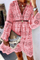 Fashion Street Solid Hollowed Out V Neck A Line Dresses