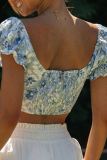 Fashion Print Frenulum Backless V Neck Tops