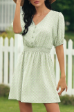 Sweet Print Buckle V Neck Dresses