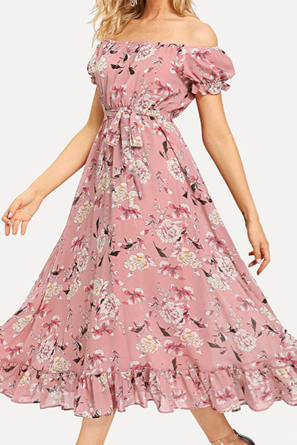 Elegant Floral Frenulum Flounce Off the Shoulder A Line Dresses