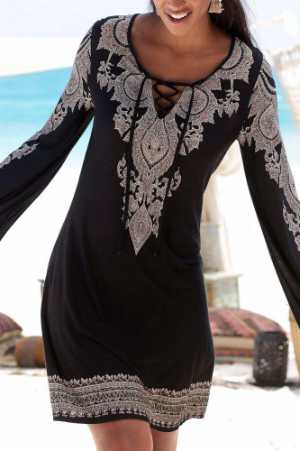 Fashion Street Print Split Joint Frenulum V Neck A Line Dresses