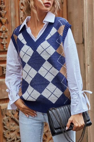 Fashion Work Plaid Split Joint V Neck Tops