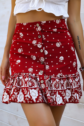 Fashion Elegant Floral Buckle Flounce Regular Type A Full Print Bottoms