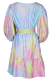 Fashion Street Print Flounce O Neck Princess Dresses