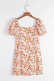 Elegant Floral Buttons Square Collar A Line Dresses