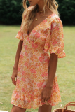 Sweet Floral Split Joint Backless Flounce V Neck A Line Dresses