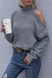 Casual Solid Ripped Turtleneck Tops Sweater