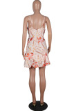 Fashion Sexy Print Backless Flounce V Neck Sling Dresses